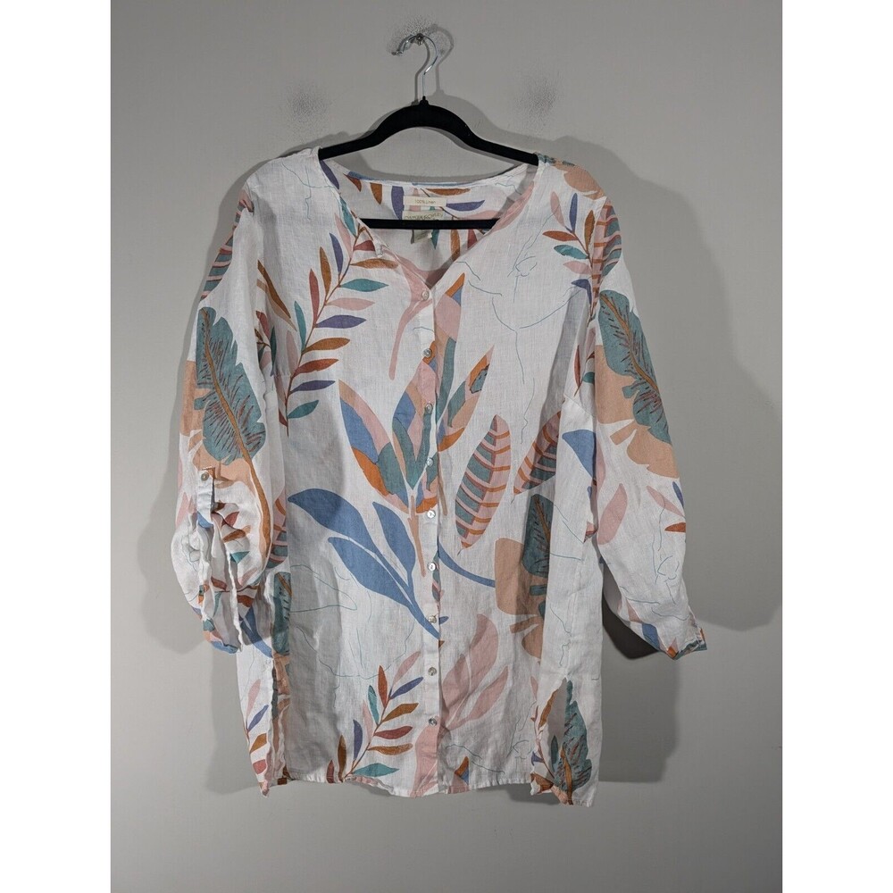 Cynthia Rowley Linen Top Women Plus 1X White Floral Roll Tab Sleeves Tunic